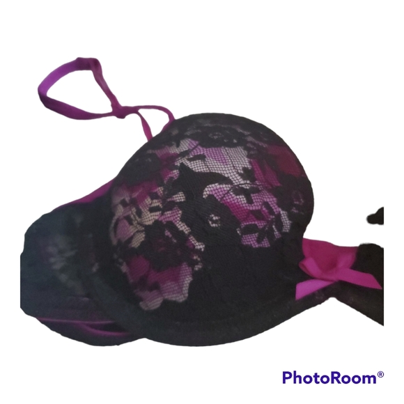 LA SENZA Black Purple Floral Print Lace Push Up Bra - Size 32A - Picture 2 of 4